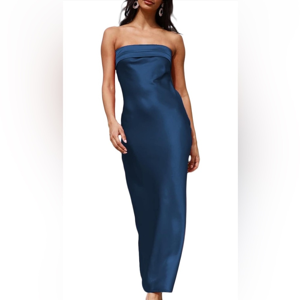 Navy Blue Satin Strapless Dress